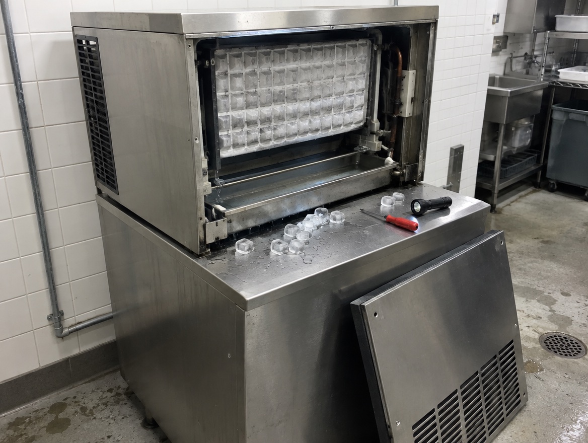 Commercial ice machine with the service panel removed